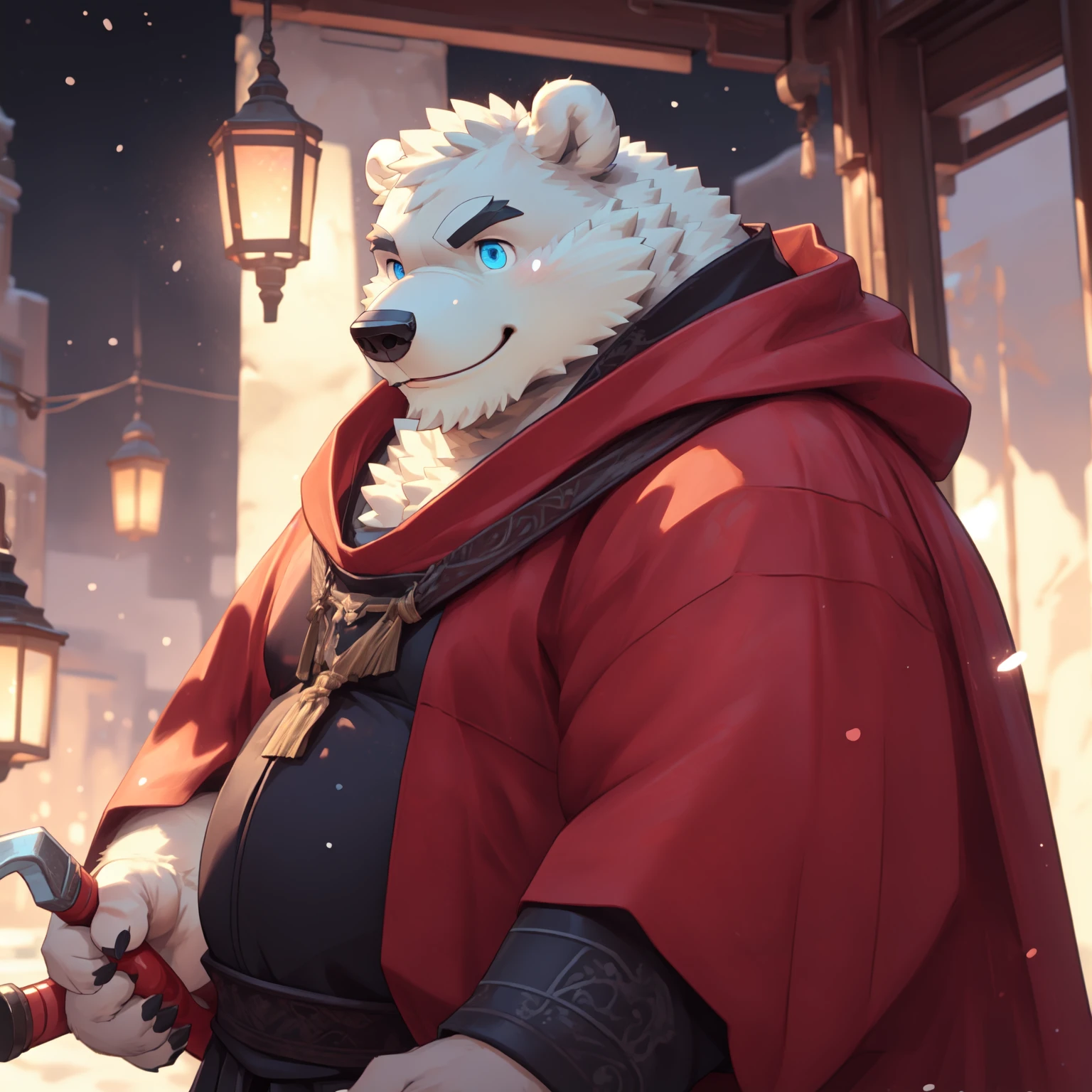 New Jersey 5 Furry，polar bear，Exquisite，portrait，Chubby，Fat，Thick arms，Rugged muscles，White plush fur，Chubby脸，Black eyebrows，Sky blue eyes，Beard，Red cape, Kerosene lamp, sickle: 1.2, Depth of Field, Perfect lighting, Light Particles, (best quality), (masterpiece), (Ultra Detail), Clear focus, Light Particles，Smile