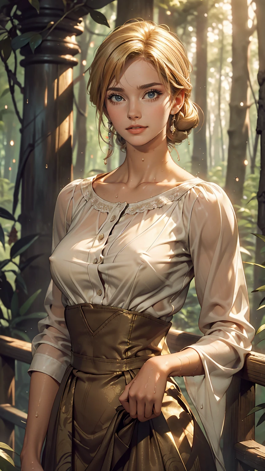(masterpiece), (highest quality), (detailed), Light Layer, 1 Solo Girl, Girl in the forest, Sexy transparent colonial dress, Perfect body, Blonde, The chest is pronounced, Prominent clavicle, Ultra-realistic, Realistic, detailed, Tight, see-through nipples, Wet clothes,