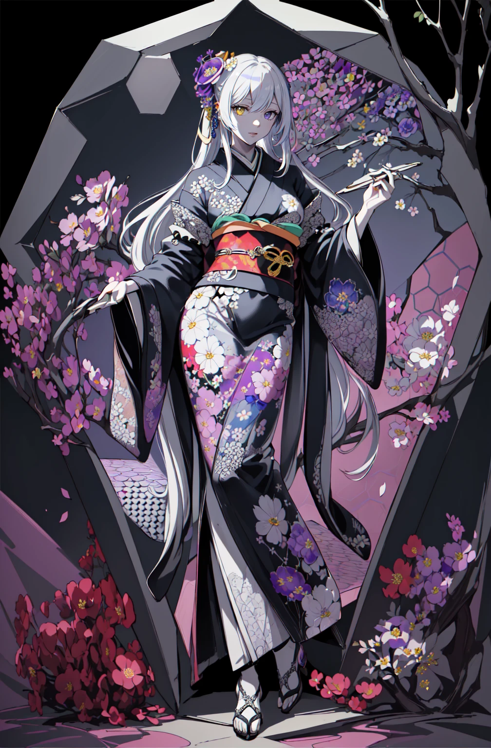 masterpiece:1.4, best quality, ultra detailed, [(black background:1.5)::0.25], (hexagon:1.4), (vivid color:1.4),  (pop art:1.4), (zentangle, flower effects:1.4), (art nouveau:1.1), night,flower petals blowing,moonlight, cute 1girl,wearing kimono, silver hair, very long hair, Heterochromia of the Eyes, violet eyes, (Pale complexion),closed mouth
