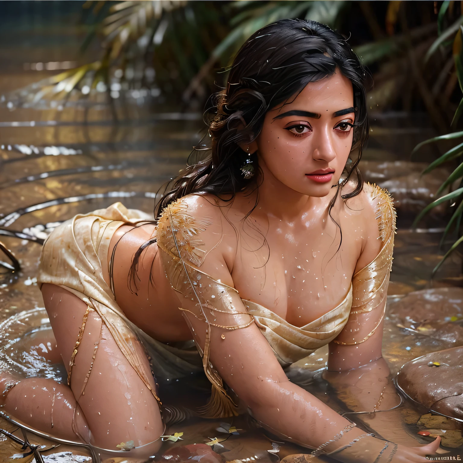 Close up portrait of a cute woman (Rashmika) bathing naked in a crystal clear river, reeds, (backlighting), realistic, masterpiece, highest quality, lens flare, shade, bloom, [[chromatic aberration]], by Jeremy Lipking, by Antonio J. Manzanedo, digital painting, full body view, full body visible from head to toe, 