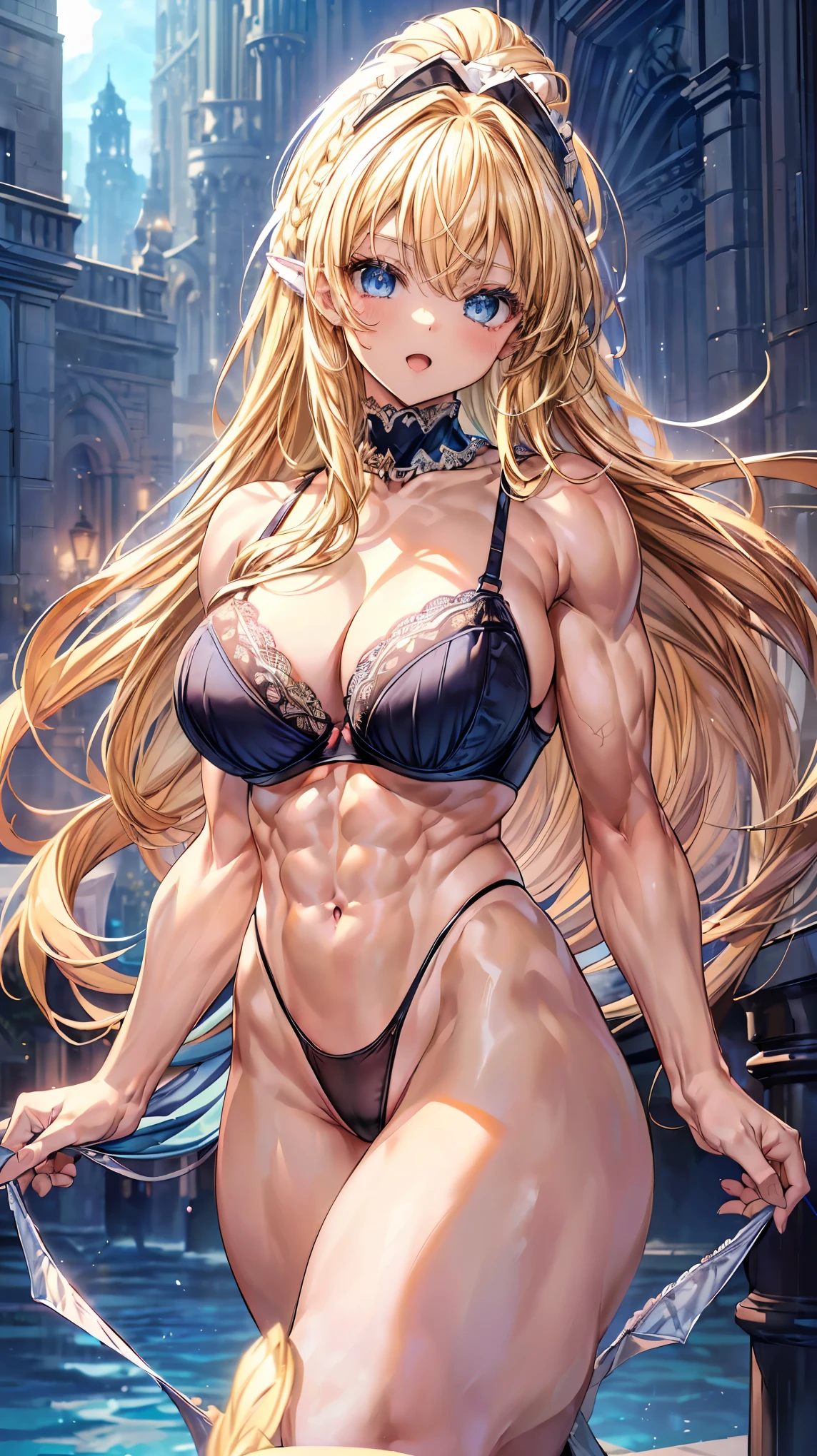 Very detailed、highest quality、Best image quality、masterpiece、8k、Anime Face、A kind smile、(Open your mouth:1.3)、Sparkling blue eyes、(Blonde semi-long hair:1.5)、(Muscles of the whole body:1.3)、(High leg panties:2.0)、Thigh belt、(Upper body photo:1.7)、(SFW Giant)、(Thick body:1.2)、(bra:1.5)