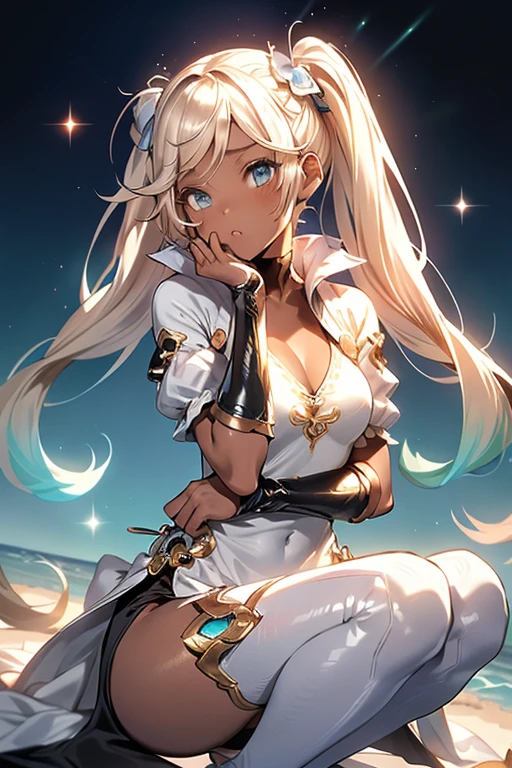 Iooiklas,Platinum Blonde Hair,Twin tails, hair ornaments, White Dress, Black knee socks, Removable sleeves,Complex eyes,Beautiful fine details,Symmetrical eyes,Big eyes:1.5,Seductive eyes, (((dark skin,dark_skin,lustrous skin:1.5,bright skin: 1.5, skin tanned,shiny skin,very shiny skin,Shiny body,plastic glitter skin,exaggerated shiny skin,illuminated skin))), (,Detailed body,(Detailed face)), cute,Lewd,erotic,Bold,Camel toe Revealing clothing,show skin,(((Sexy aqua fur coat, Aqua fur coat outfit, wearing a Ice Dress:1.3,aqua 冬 coat))), ((Ice Dress,elegant Ice Dress)), (White gloves,White clothes,(((Complex outfit,Complicated clothes,Embroidered costume,Glamorous costumes,Embroidered clothes, Glamorous clothing))),skinsuit, Bodysuits, pantyhose, High resolution,Sharp focus,(Super detailed,Very detailed),(Very detailed CG unity 8k wallpaper), (((Vibrant colors)))Squatting with legs apart, Sitting, Spread your legs wide (Anatomically correct),Shy laugh,Open your mouth,Place your hands on your thighs,