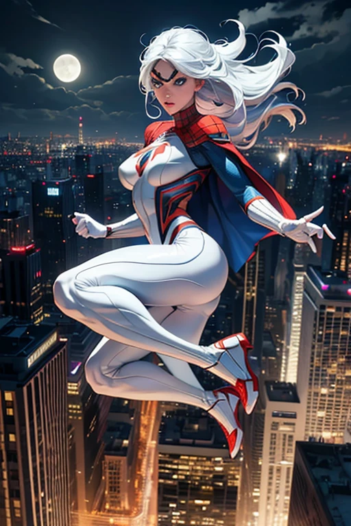 (Masterpiece, sexy, 4k resolution, ultra-realistic, very detailed), (White superhero theme, charismatic, there's a girl on top of town, wearing Spider-Man costume, she's a superhero), [ ((25 years), (long white hair:1.2), full body, (blue eyes:1.2), ((Spider-Man pose),show of strength, jumping from one building to another), ((sandy urban environment):0.8)| (cityscape, at night, dynamic lights), (full moon))] # Explanation: The Prompt mainly describes a 4K painting of ultra-high definition, very realistic, very detailed. It shows a superheroine at the top of the city, wearing a Spider-Man costume. The theme in the painting is a white superhero theme, the female protagonist has long white hair, is 25 years old and her entire body is shown in the painting. In terms of portraying the actions of superheroines, spiders are employed