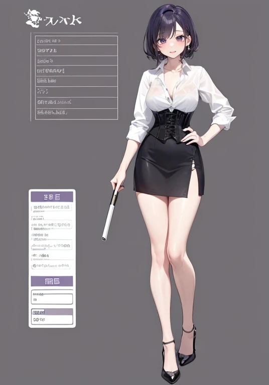 Purple hair,short hair,Adult female,(bartender),((Roll up your shirt sleeves)),(Rolling up the sleeves of his shirt),(corset),(skirt),(High heels),((Simple Background)),smile,((whole body)),((full body)),Character Sheet,