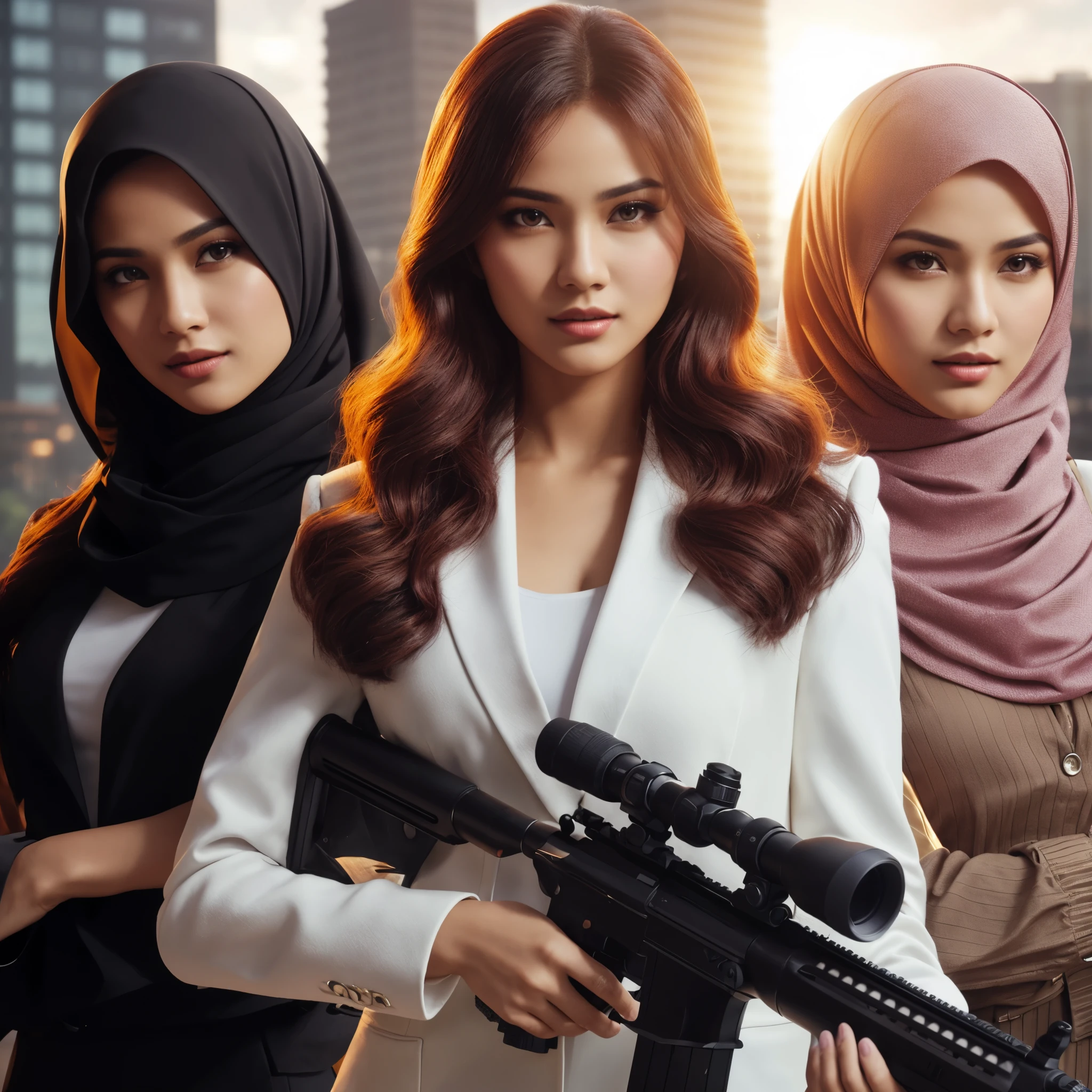 A professional masterpiece photograph of 3 Malay women models who are beautiful, confident, charming, and mysterious with a slight smile and natural makeup. One woman has long wavy flowing maroon hair, and two women are wearing covered long hijabs. They are dressed in white jacket suits with black long trousers, holding a shotgun, sniper, and minigun, looking very strong. One of them looks like a spy or secret agent. The scene is set with dramatic lighting and attractive action poses resembling a Sony 7000D photo, ultra-realistic, high definition, with sunrise and lens flare effects, and includes futuristic elements with cyberpunk-style buildings in the background.