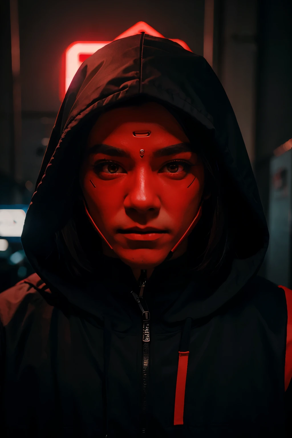 
male character, hooded, cyber puk, neon red, mask, neon red eyes