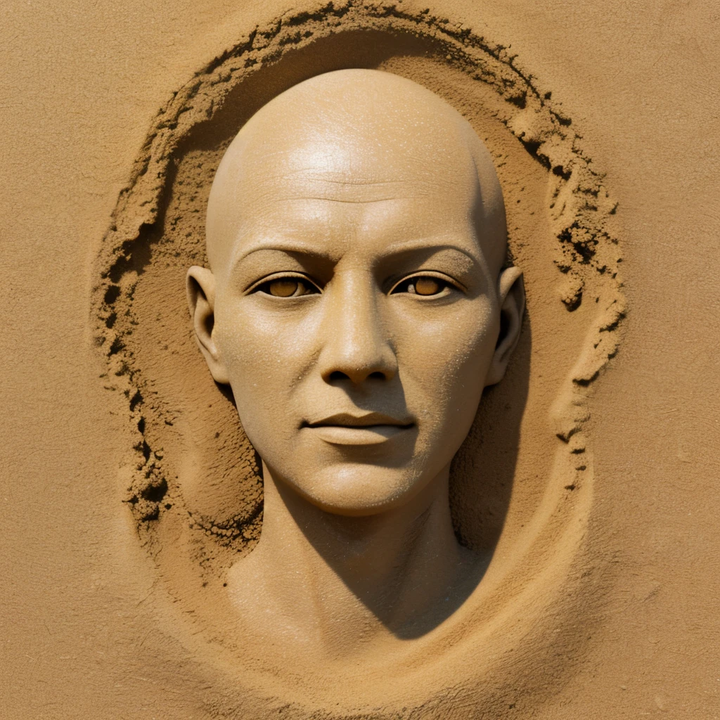 Portrait made of sand, pretty, head made of sand, unknown gender, a bald sculpture, without hair, without identity, empty face, a statue made of sand, sand particles, sandstorm, yellow sand, in the style of photo realistic sculptures, masterpiece, logo, illustration, simple background with sand dunes and storm, dust, spark, particles