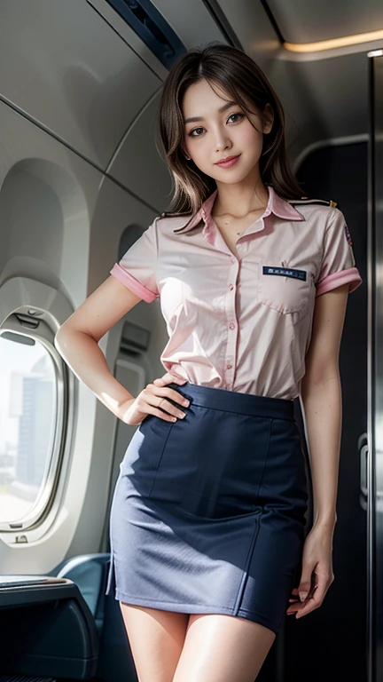 Ultra-high resolution, Ultra-realistic, (whole body), Gorgeous young girl, 24-years-old, Narrow waist, (skinny:1.6), Thin legs, ((Navy Blue（Pink）ANA stewardess uniform))Wearing,（Brown short hair ）, 珰, （Collier beautiful model:1.1）, The background is in-flight、((What a lovely smile))、（Sexy、Attractive eyes）