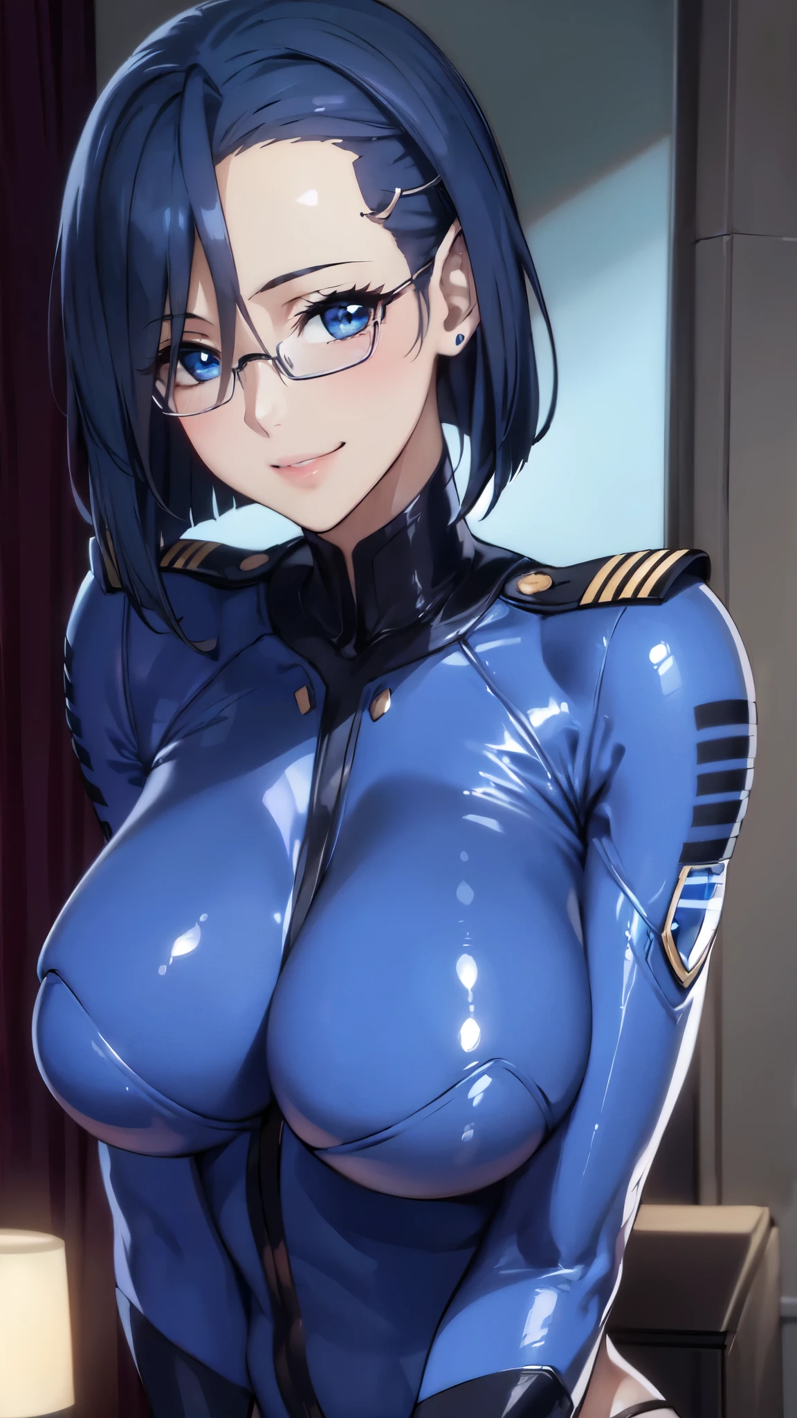 (Upper Body:1.3),(masterpiece:1.3),Portraiture, Realistic, blue eyes,(Perfect female body:1.4),(curve,model,glamorous:1.4),(thin:1.4),(Shiny oily skin),(Blue bodysuit:1.3),(Beautiful breasts:1.4),(Large Breasts:1.4),(Dark blue hair:1.2),(Bright colors:1.3),(Rimless Glasses),(Shoulder length:1.4),(Turning away:1.4),(24-years-old),8k resolution, High quality CG, Beautiful CG,(slim:1.4),Soft Light,(smile:1.3),Ultra-high resolution,Highly detailed CG Unity 8k wallpaper,(Aesthetic Anime Eyes:1.3),(Inside the spaceship),