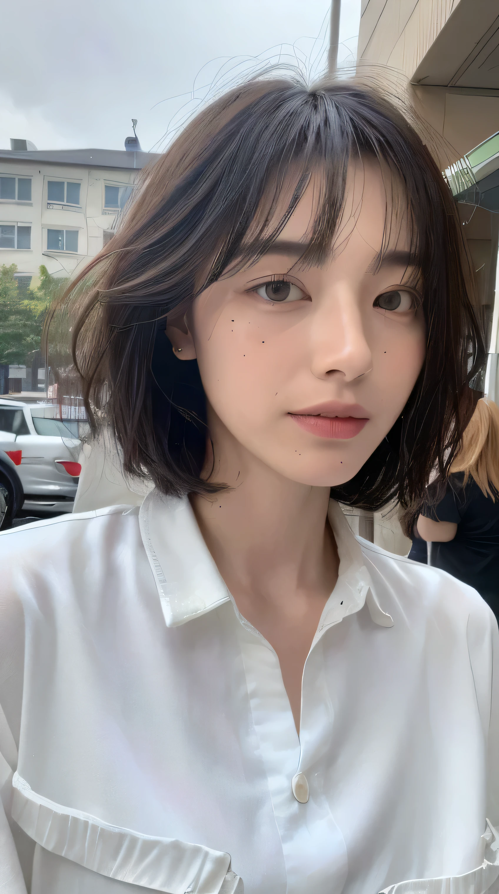 ((highest quality, 8k, masterpiece: 1.3)), Sharp focus: 1.2, Perfect figure: 1.4, Slim Abs: 1.2, ((Layered Haircut, big: 1.2)), (White long shirt with white buttons: 1.1), (rain, street: 1.2), Wet body: 1.5, Highly detailed face and skin texture, Fine grain, Japanese people々, Embarrassing