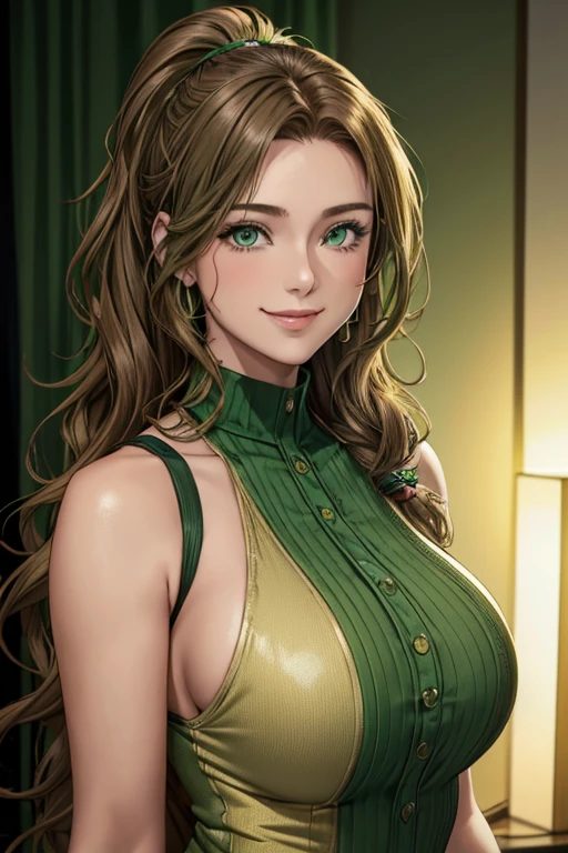 Female((30-years old)), hair((Wavy, Golden brown)), Eyes((smart Eyes, Green)), Clothes((New York Fashion Week, light Green)), Smiling, Breast Out, Ponytail, Accessories,