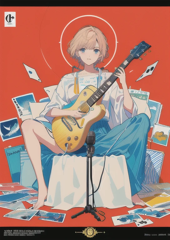 a close up of a poster with a guitar and a guitar, package cover, cover art, lou, cover illustration, full card design, giraud!!, illustration!, giraud!, cd cover artwork, inspired by Louis Mathieu Verdilhan, illustration”, illustration, illustartion, lots de details, box art, various artists, illustation, poster cover art, cards