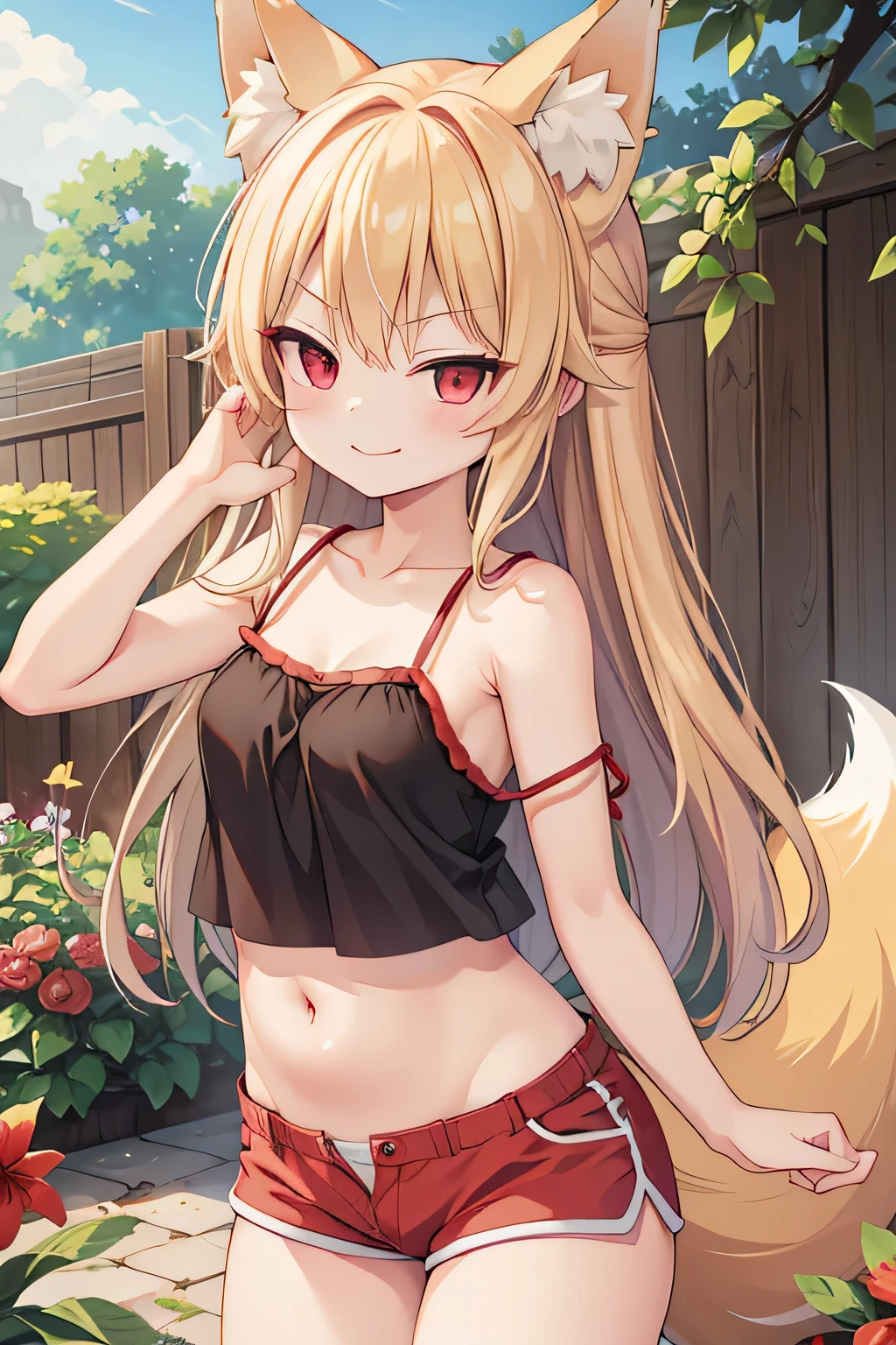 highest quality、Smirking face、Small breasts、belly button、Fox ears、Long blonde、Red Eye、camisole、Shorts、garden