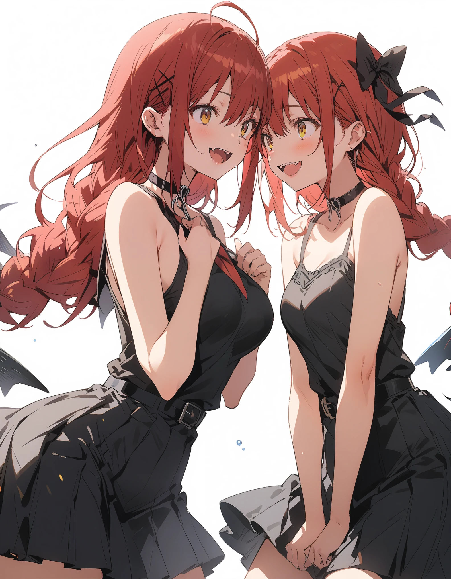 White background、Solid white background、Blank background、just standing girl, only one girl、Full body shot from the front,Girls staring at each other,Ultra-high resolution, highest quality,fish-bone braid hair、Fishbone Hair、red hair、busty、beautiful detailed eyes、Red hair x yellow eyes、yellow eyes、Open your mouth without showing your teeth、Smile with mouth wide open、 Black camisole、Black pleated skirt、barefoot