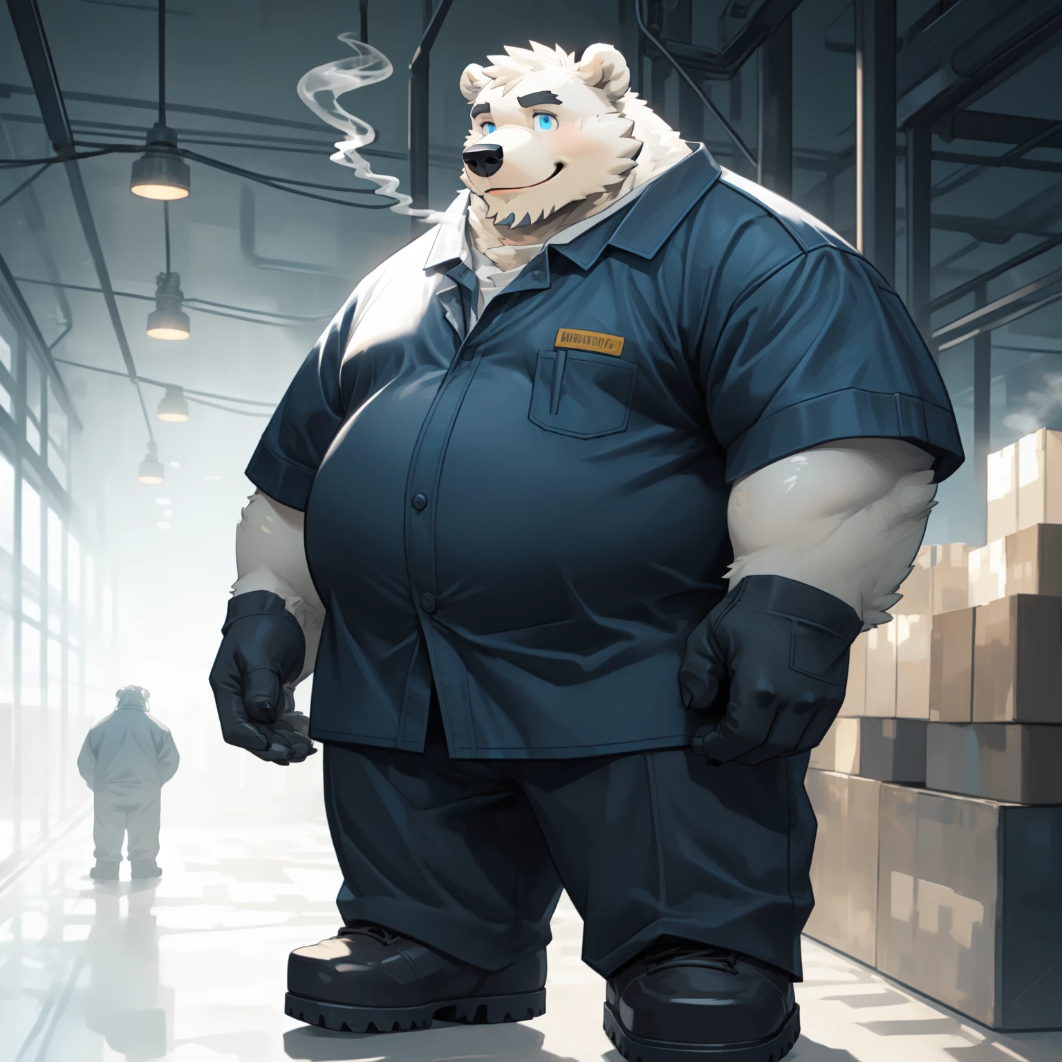 New Jersey 5 Furry，polar bear，Exquisite，portrait，Chubby，Fat，Thick arms，Rugged muscles，White plush fur，Chubby脸，Black eyebrows，Sky blue eyes，Beard，through empty ghost, Break the dark theme,Sunlight,external,factory,(smokes,chimney),FOG, Looking at the audience,Delicate eyes, wearing clothes,Best weather,Bottoms,Footwear,Worker,(factory uniforms,Work Dress Style),Gloves,boots,Smile