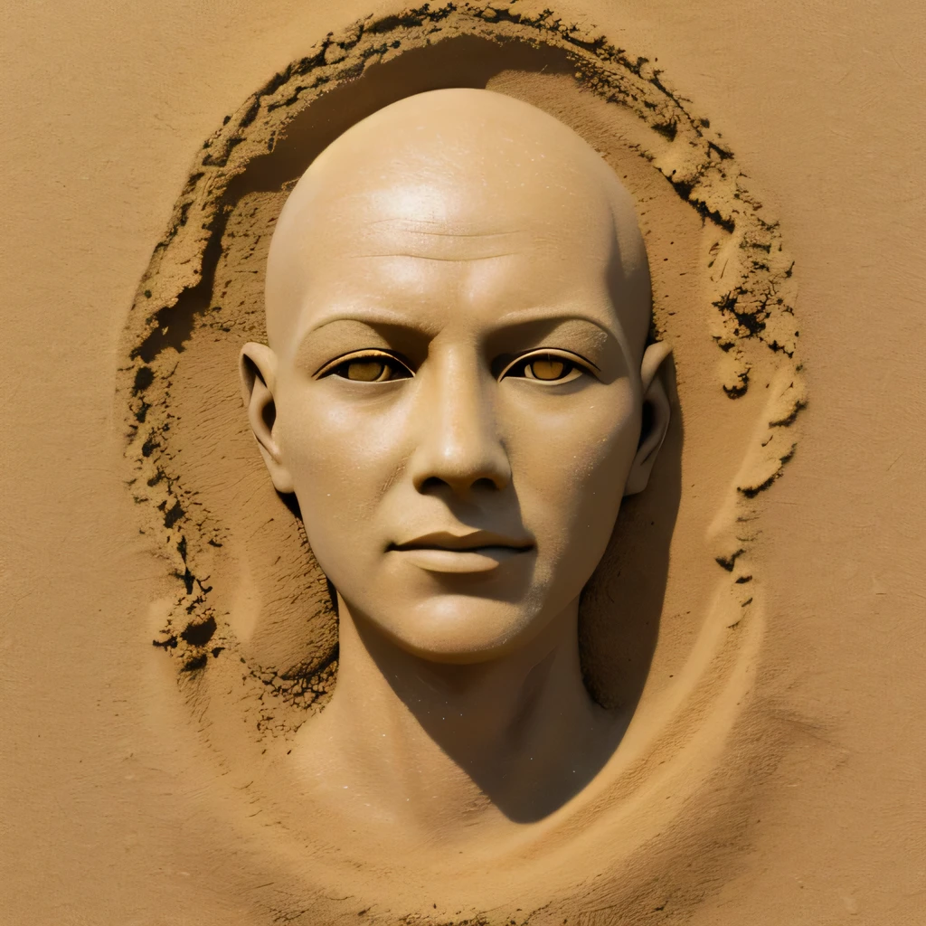 Portrait made of sand, pretty, head made of sand, unknown gender, a bald sculpture, without hair, without identity, empty face, a statue made of sand, sand particles, sandstorm, yellow sand, in the style of photo realistic sculptures, masterpiece, logo, illustration, simple background with sand dunes and storm, dust, spark, particles