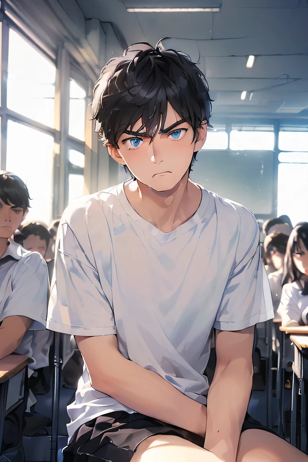 (A 20-year-old man wearing white short sleeves, black hair, and blue eyes: 1.4)
(Surprise on the face, with a surprised expression of 1.5)
(frowning, mouth open: 1.5)
(Sitting in a crowded classroom: 1.7)
(Upper body display: 1.4)