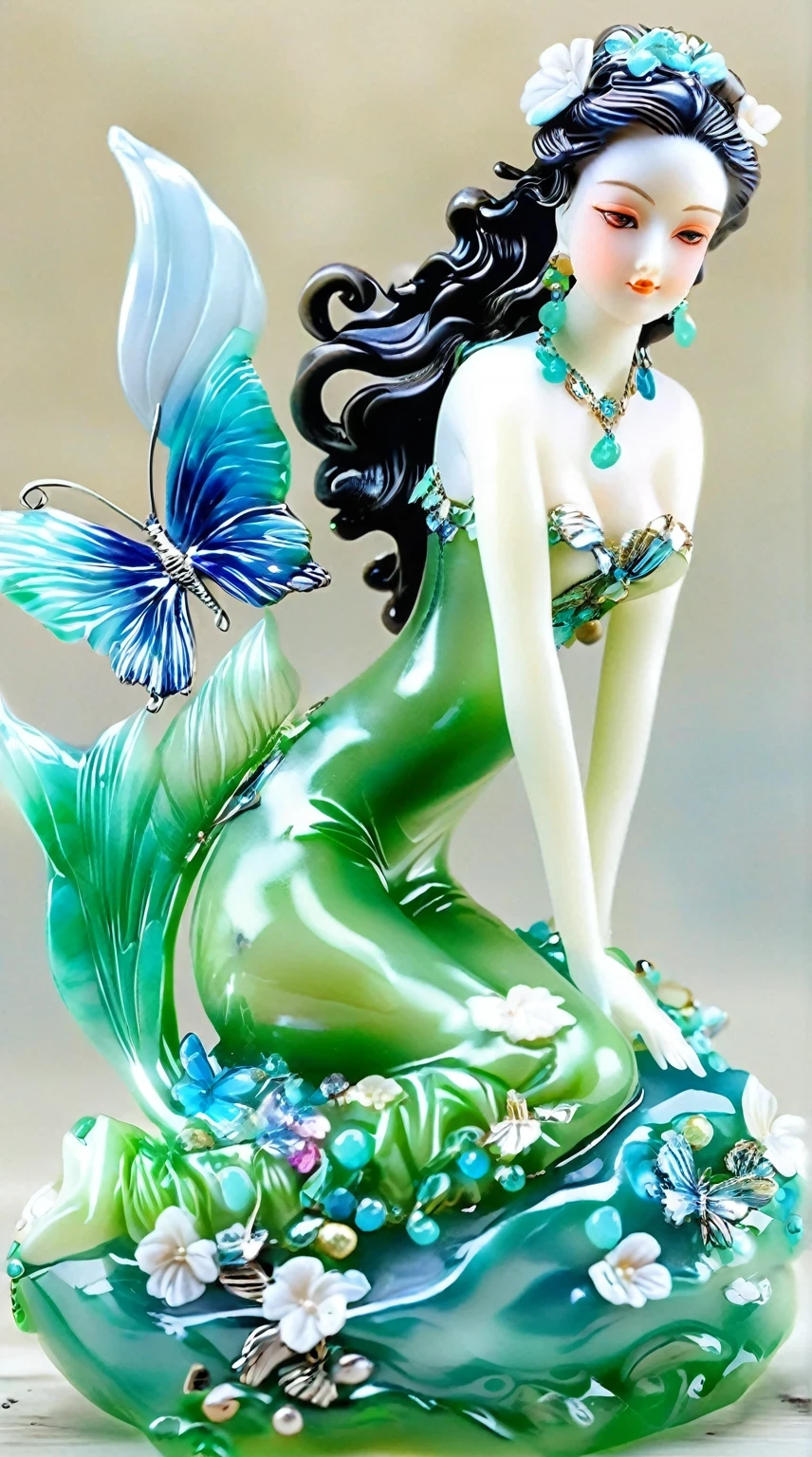 Art jade doll,
Beautiful mermaid in jade, with exquisite details and craftsmanship, lying on the bed with an open book and a blue butterfly at her feet. The style is in the style of "Remini Heat Twist" featuring a light green body covered with water droplets. It is made from resin glass material, and there should be some scattered gemstones next to it. In its design, she has high vids, with an overall color scheme that includes white and cyan. I can't believe how beautiful these photos look