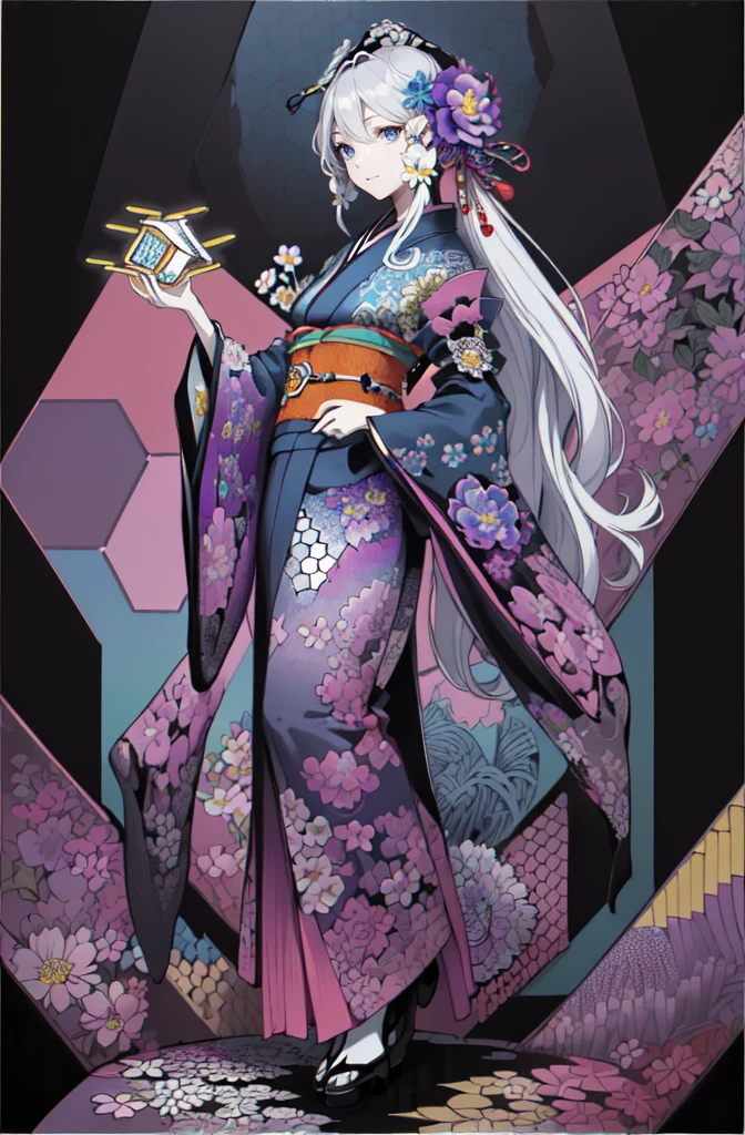 masterpiece:1.4, best quality, ultra detailed, [(black background:1.5)::0.25], (hexagon:1.4), (vivid color:1.4), (pop art:1.4), (zentangle, flower effects:1.4), (art nouveau:1.1), night,flower petals blowing,moonlight, cute 1girl,wearing kimono, silver hair, very long hair, Heterochromia of the Eyes, violet eyes, (Pale complexion),closed mouth