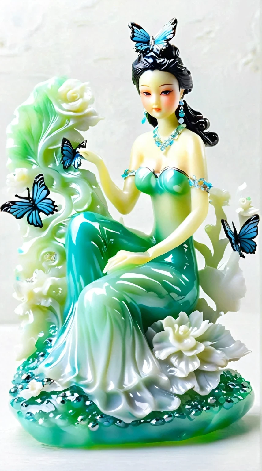 Art  jade doll，
Beautiful mermaid in jade, with exquisite details and craftsmanship, lying on the bed with an open book and a blue butterfly at her feet. The style is in the style of "Remini Heat Twist" featuring a light green body covered with water droplets. It is made from resin glass material, and there should be some scattered gemstones next to it. In its design, she has high vids, with an overall color scheme that includes white and cyan. I can't believe how beautiful these photos look