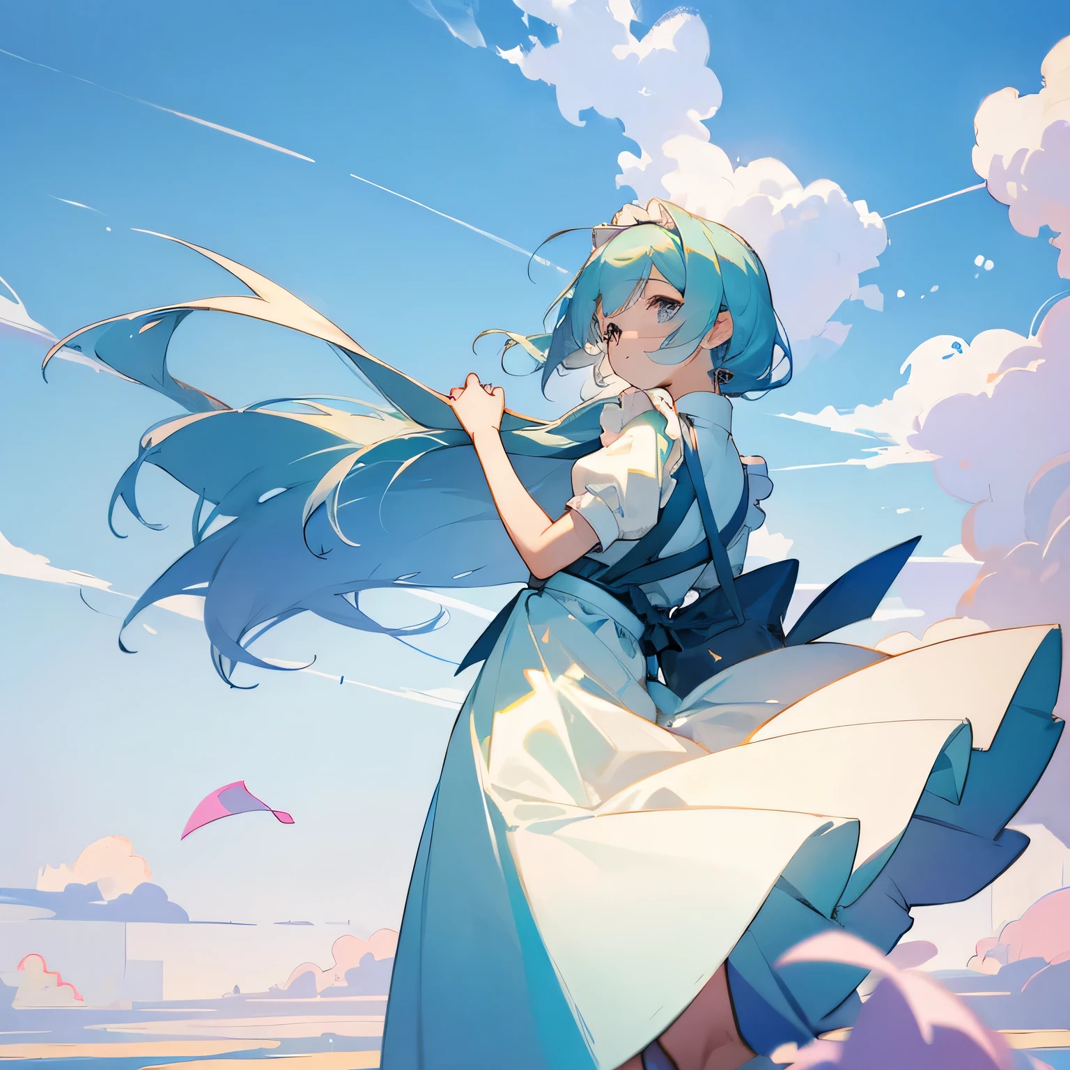 girl、pastel colour、Maid clothes、blue sky、Wind、look back