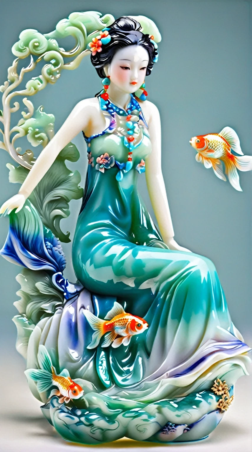 Art  jade doll，
Beautiful girl, green jade body, blue glass hair, wearing a cyan dress with a white pattern on it, sitting on the bed, hand holding a fish tail, goldfish floating in water, jade carving, fullbody portrait, colorful details, high-definition photography, in the style of Reminirapper Digital pure, glossy and delicate skin texture, intricate details, professional lighting, dynamic pose, studio background, natural light. in the style of , in the style of