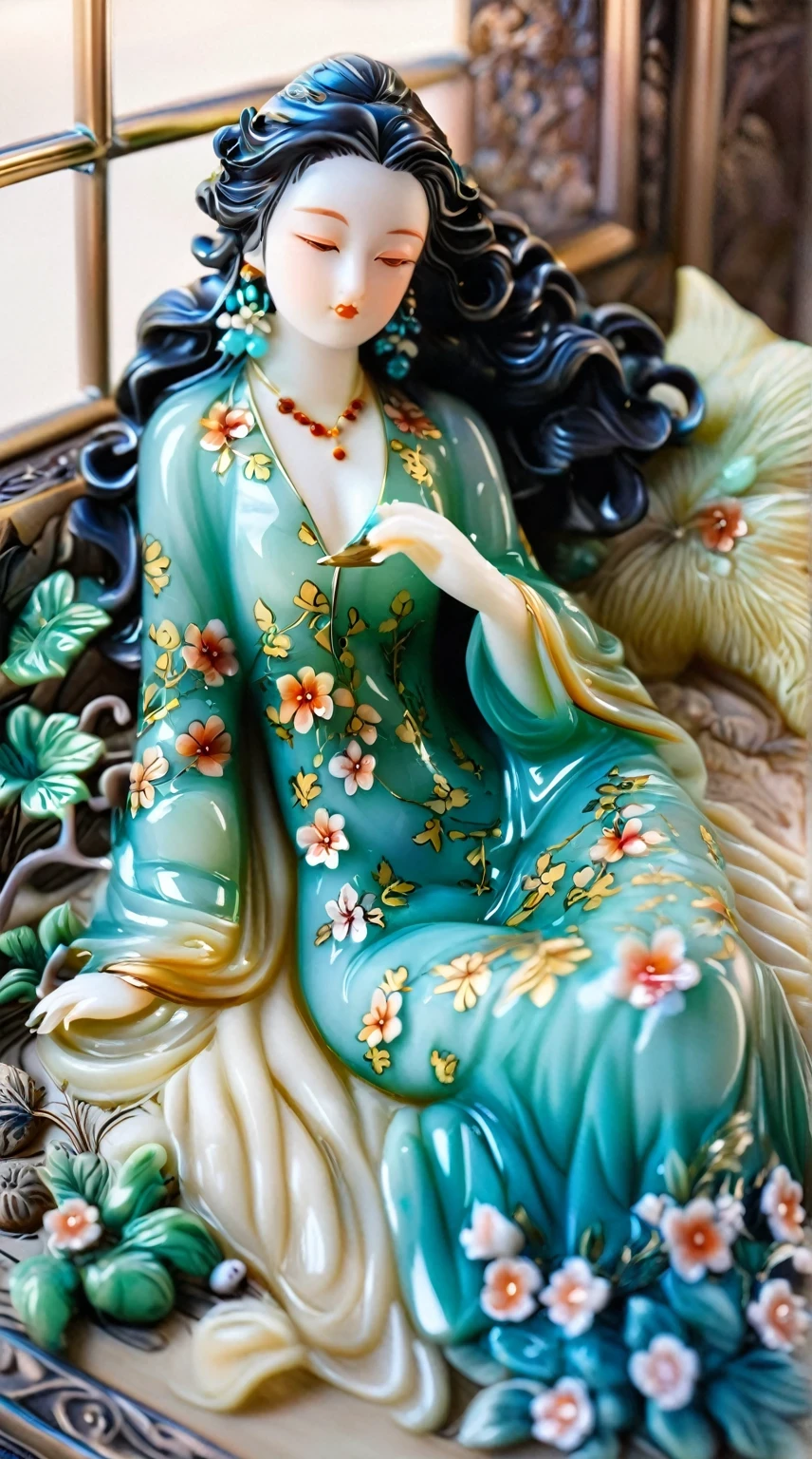 Art  jade doll，
An anime-inspired jade statue of an elegant woman with flowing hair, wearing a teal dress adorned with intricate floral patterns and blue earrings. She is lying on her stomach while reading in bed, with the text "ReminiAF download plageical AI" displayed below it. The scene captures a serene moment as she holds two small fish inside glass, surrounded by soft lighting that highlights their colors and textures. The statue is created in the style of ReminiAF