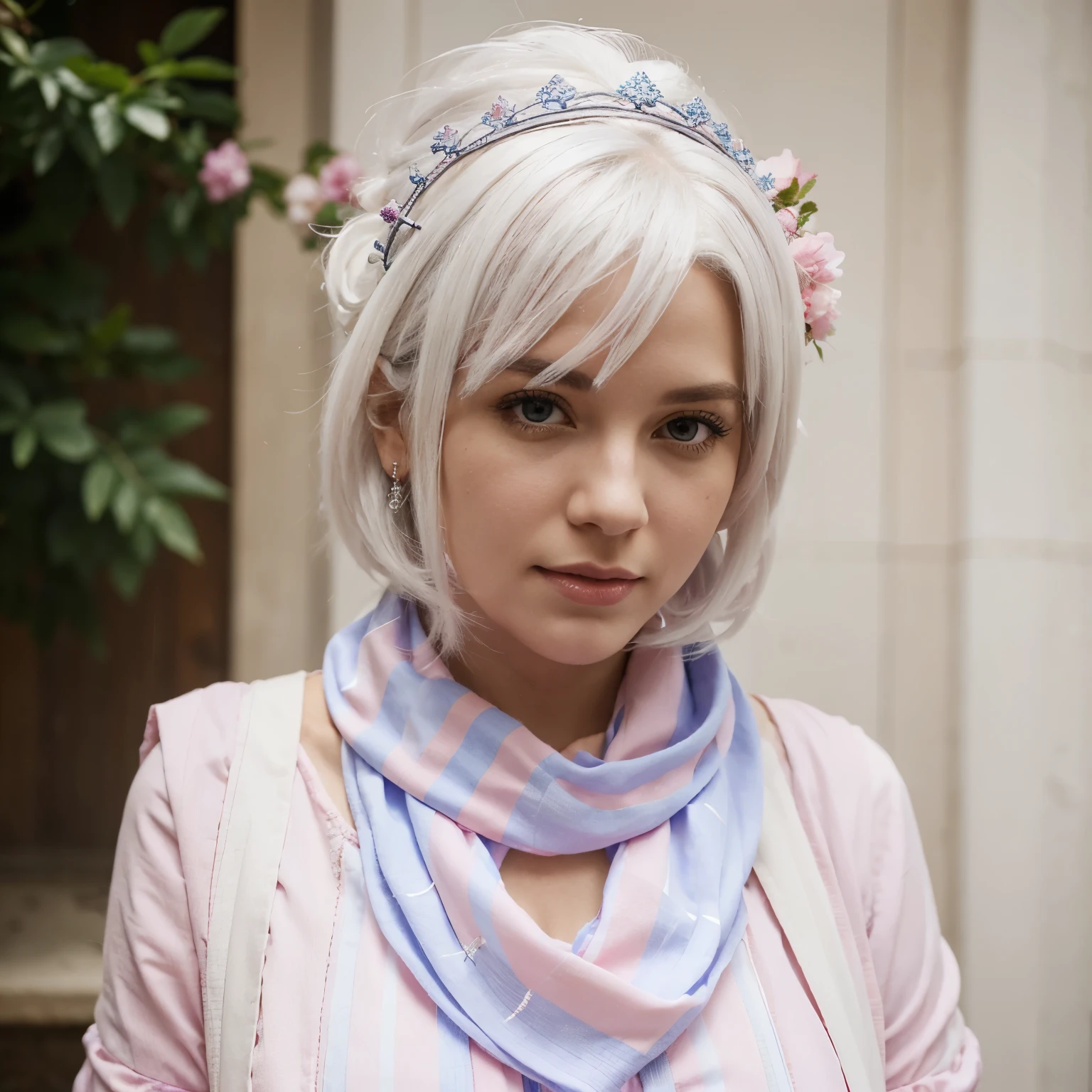 she is a woman with white hair, a blue crown, a pink striped scarf, and a long pink dress