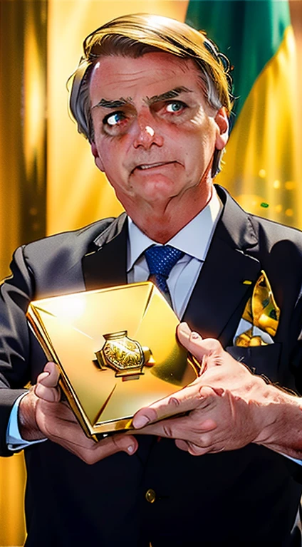 Bolsonaro, president of Brazil, holding golden yellow treasure jewels in his hands