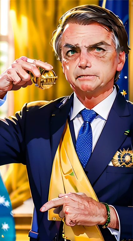 Bolsonaro, president of Brazil, holding golden yellow treasure jewels in his hands