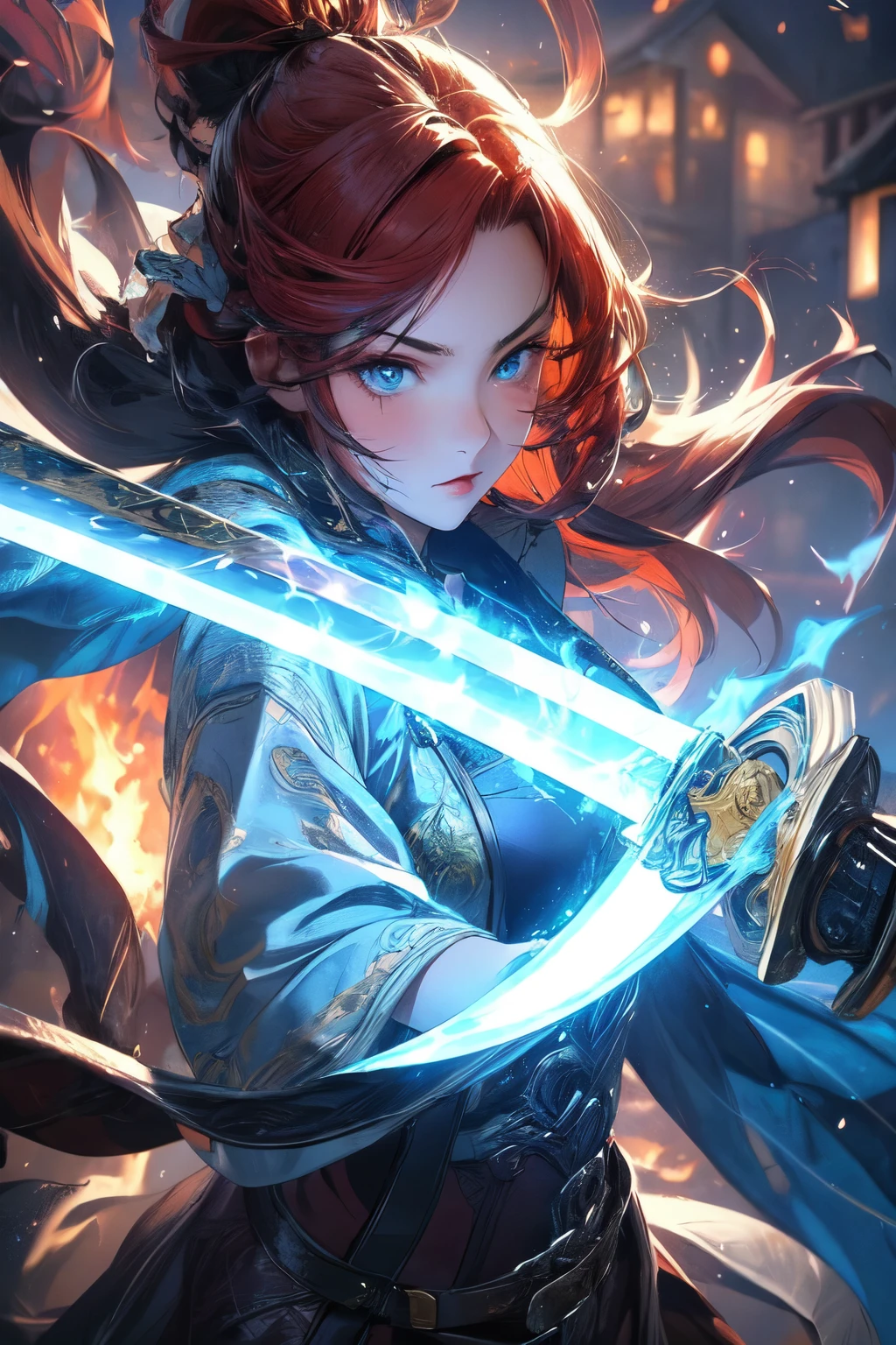 1 Girl, Red hair, fire eyes, sword, holding sword, flame, Burning Houses, luminescent, Side Light, wallpaper