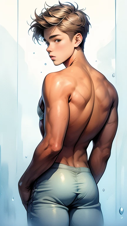 A depraved, Justin Bieber very handsome boy shows off his ass, young guy of Fifteen year old  with round voluminous buttocks and a thin waist, splashing white sticky liquid, dressed in Tango panties are two sizes too small , daring hairstyle. Watercolor, Only boys, guys, young man