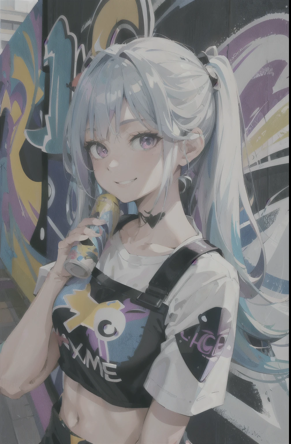 masterpiece, high quality, High resolution, Absurd, Very detailed, 8k, One girl, Medium chest, platinum gray hair, Blue Hair, Multicolored Hair, Gradient Hair, Open your mouth, tooth, View your viewers, (Holding a spray can), bikini,Colorful eyes, (Dirty painted body:1.05), (Graffiti mural wall background:1.15), Captivating smile, brightly colored paintings, bloom, Portraiture, Cross ornament