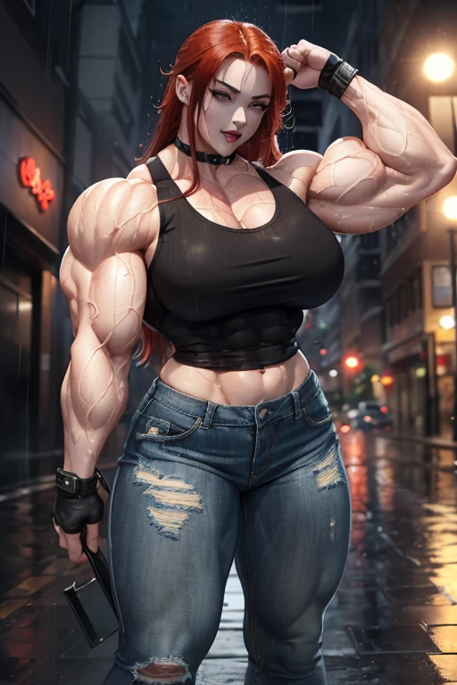 ((((Massive, beautiful, buff, soaking wet, pale white skinned, muscular asian woman with wet red hair, black lipstick, ginormous bulky muscles, flexing her biceps and wearing a tight black tank top and denim pants)))), close view, massive muscles, massive biceps, hyper muscle triceps, (long hair), yellow eyes, fingerless gloves, high heels boots, (in a heavily rainy street), night, smug smile, hyper muscles arms, hyper muscle legs, massive arms.