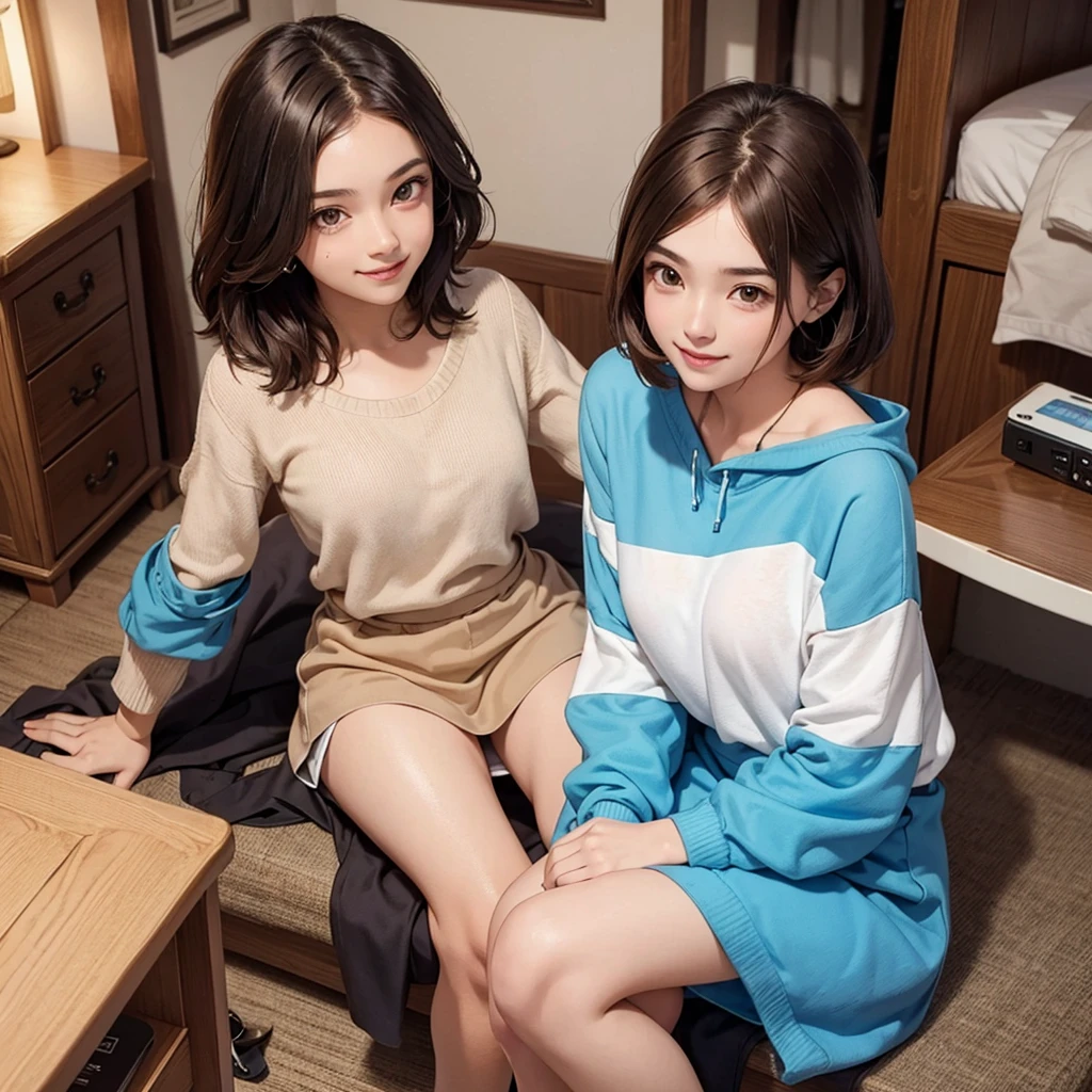 ((2girls, for two)), ((petite kawaii, jk bishojo)), ((kawaii face)), ((kawaii cute eyes)), ((masterpiece)), ((best quality)), ((ultra detailed)), ((8k)), ((depth)), ((exquisite)), ((crisp)), ((highres)), ((high standard)), ((beautiful and aesthetic)), (super detailed skin), (perfect anatomy), (lipstick), (nose blush), (strap slip), (bare foot), (one room), ((lesbian, yuri)), (beautiful hands), (((wariza, girl sitting)))