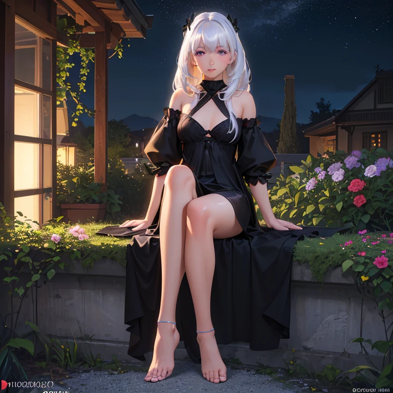 (best quality,4k,8k,highres,masterpiece:1.2),ultra-detailed,(realistic,photorealistic,photo-realistic:1.37),illustration,soft lighting,a girl with white hair,deep purple eyes,glowing eyes,sitting down,barefoot,face blushing,in a garden at night,flowers.Black Silk，Black high heels