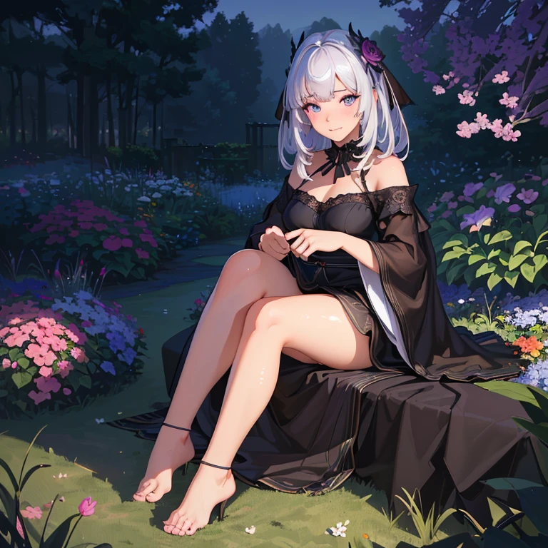 (best quality,4k,8k,highres,masterpiece:1.2),ultra-detailed,(realistic,photorealistic,photo-realistic:1.37),illustration,soft lighting,a girl with white hair,deep purple eyes,glowing eyes,sitting down,barefoot,face blushing,in a garden at night,flowers.Black Silk，Black high heels