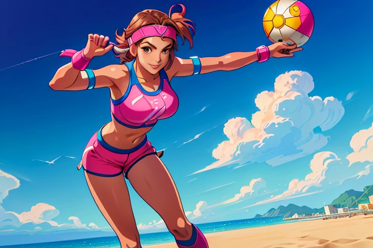 (perfect composition),imagined a girl in extreme sport outfit playing to a flying disc game in a beach arena game sport, masterpiece, ultra-detailed, 80's anime (style), 2D, megapixel, perfectionism, full HD , 4K, (windjammers), windjammers sport game, windjammers 2 (((((solo mature anime woman,)))))++++++++++++++++++, looking at viewer, full body, brown hair and pink hair, short hair, weird hair, smile, lips, eyelashes, medium breasts, gym uniform, uniform, gym shorts, headband, sports bra, elbow pad, knee pad, extreme sports outfit 80's theme, beach background, playing flying disc game on a beach court game, sea, sun in the sky, sports wear