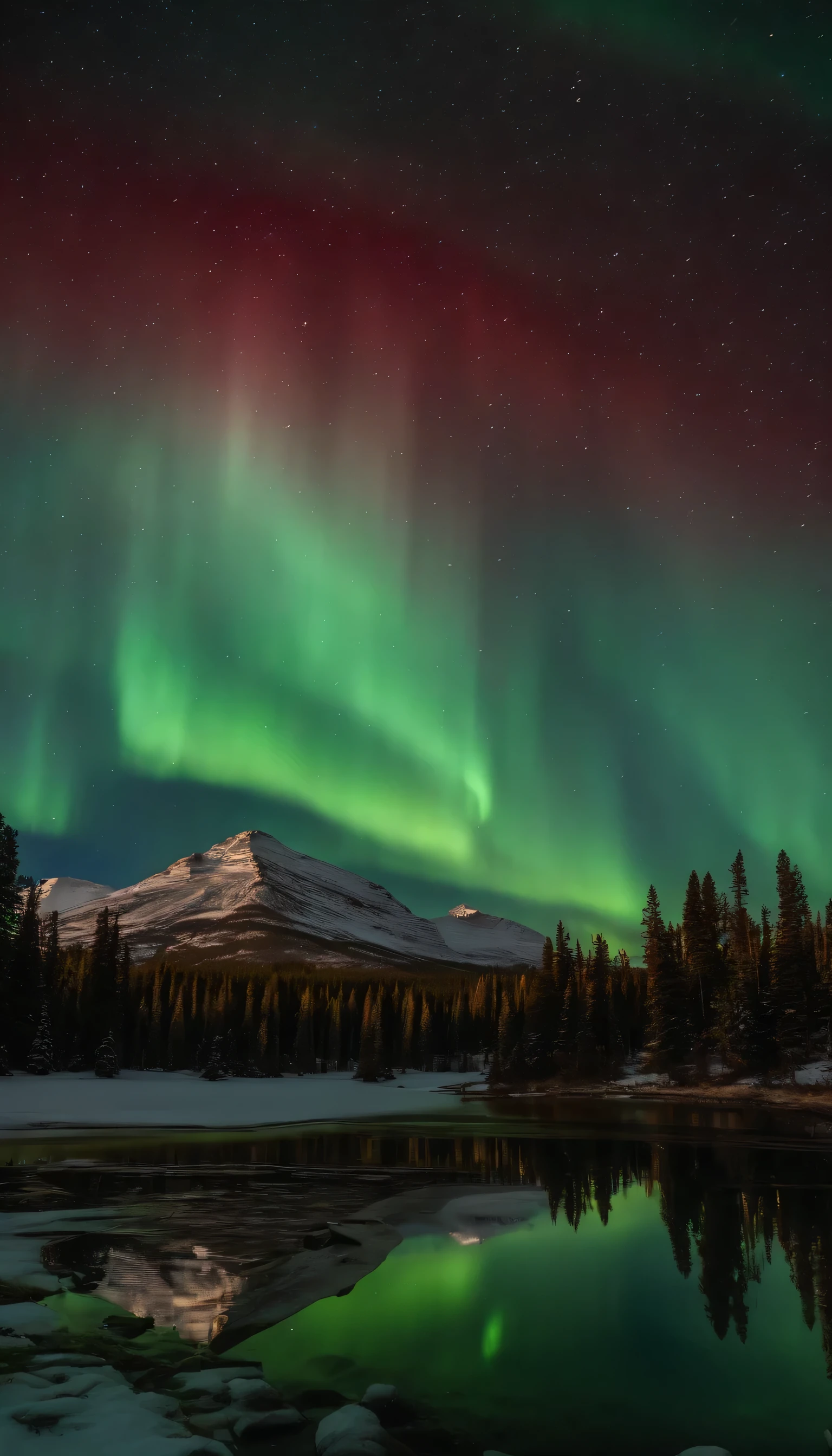 Master Parts、Superior Quality、superior image quality、The 8k quality、Beautiful pictures of the starry sky、magnifica、Arched Milky Way:1.25, Colorado mountains、some pine evergreen trees, (Red and green aurora borealis:1.5)