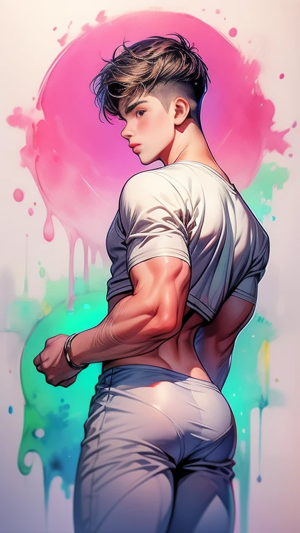 A depraved, Justin Bieber very handsome boy shows off his ass, young guy of Fifteen year old  with round voluminous buttocks and a thin waist, splashing white sticky liquid, dressed in Tango panties are two sizes too small , daring hairstyle. Watercolor, Only boys, guys, young man