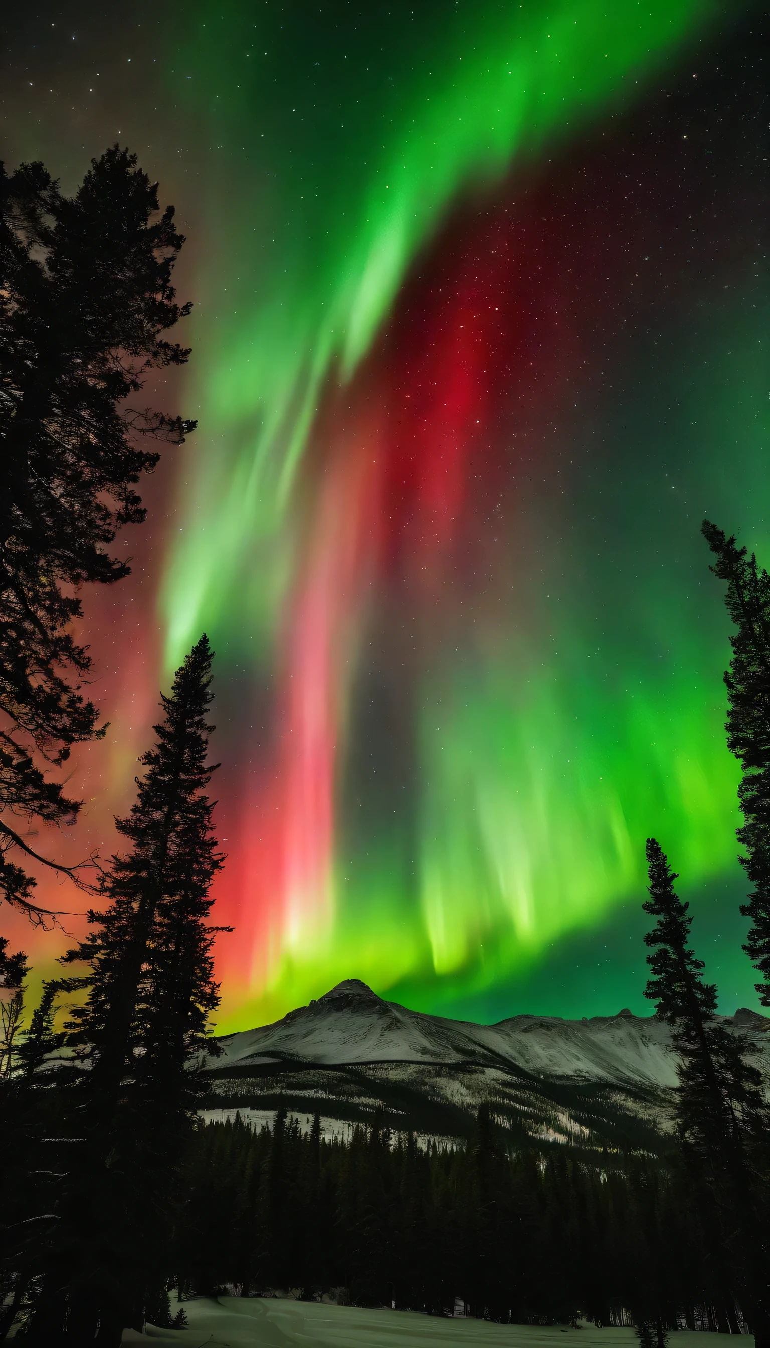Master Parts、Superior Quality、superior image quality、The 8k quality、Beautiful pictures of the starry sky、magnifica、Arched Milky Way:1.25, Colorado mountains、some pine evergreen trees, spring season, (Red and green aurora borealis:1.5)