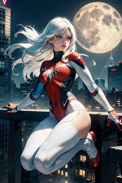 (Masterpiece, 4k resolution, ultra-realistic, very detailed), (White superhero theme, charismatic, there's a girl on top of town, wearing Spider-Man costume, she's a superhero), [ ((25 years), (long white hair:1.2), full body, (blue eyes:1.2), ((Spider-Man pose),show of strength, jumping from one building to another), ((sandy urban environment):0.8)| (cityscape, at night, dynamic lights), (full moon))] # Explanation: The Prompt mainly describes a 4K painting of ultra-high definition, very realistic, very detailed. It shows a superheroine at the top of the city, wearing a Spider-Man costume. The theme in the painting is a white superhero theme, the female protagonist has long white hair, is 25 years old and her entire body is shown in the painting. In terms of portraying the actions of superheroines, spiders are employed