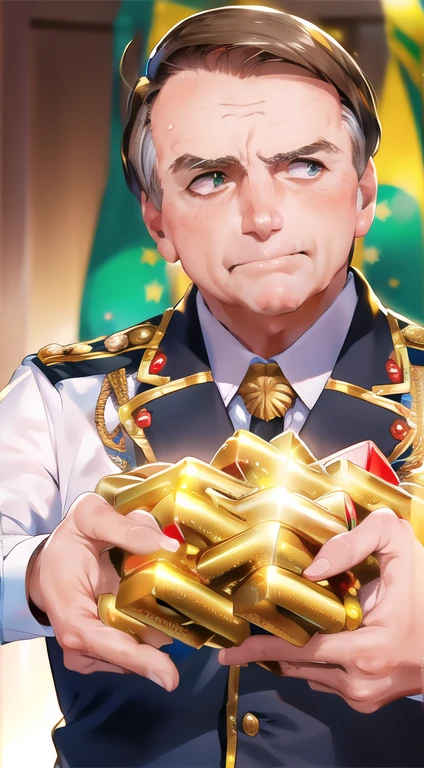 Bolsonaro, president of Brazil, holding golden yellow treasure jewels in his hands