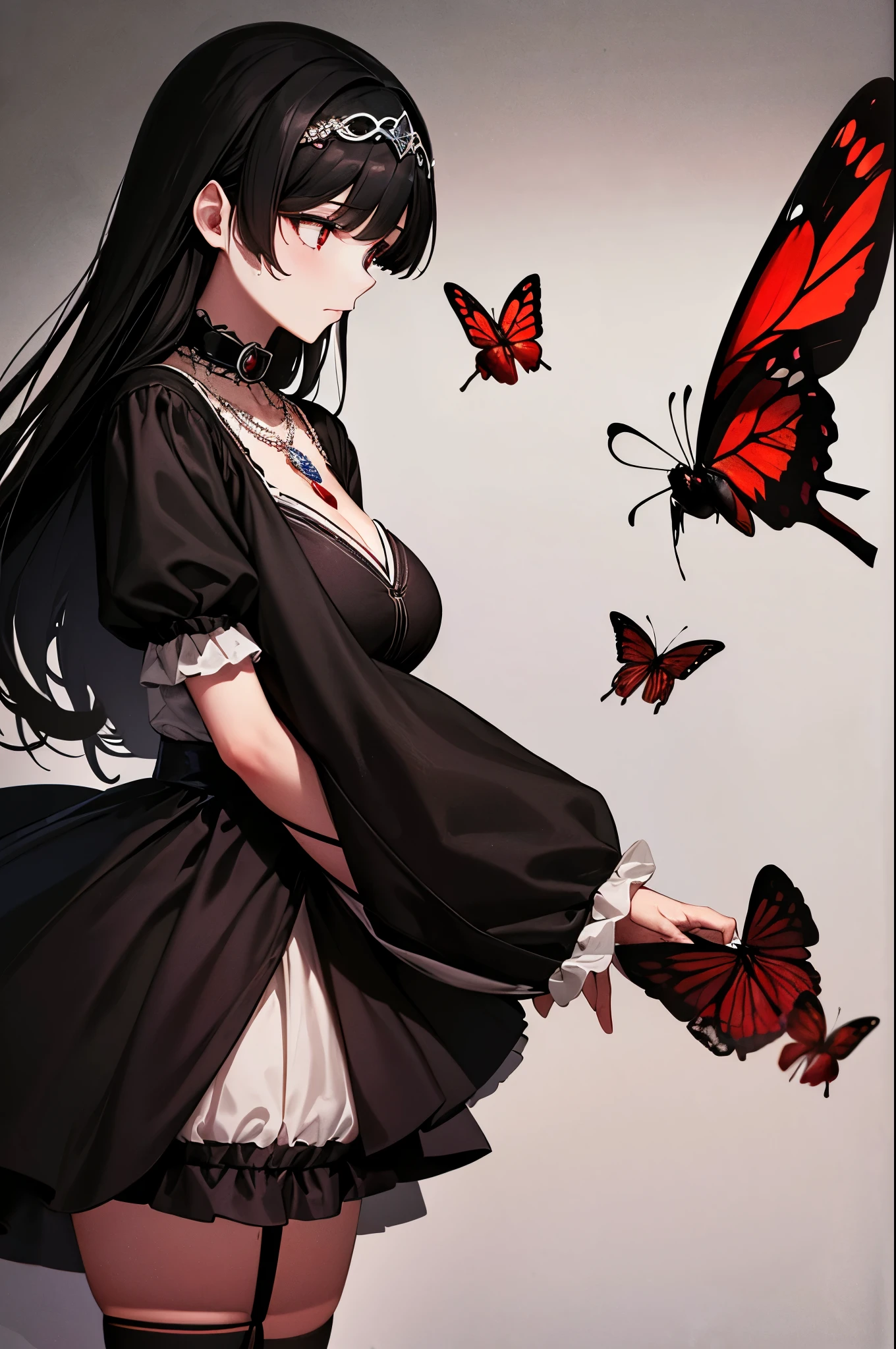 Expressionless,,(Dark fantasy),((Great illustrations)),(Detail Splash), Long black hair, Red pupils, girl, Pure black dress, Collar only, The sleeves and skirt are dark red, A red butterfly barrette is attached to the side of her ear., masterpiece, 最high quality, high quality, Headpiece,, red and black crystal necklace, Black knee socks