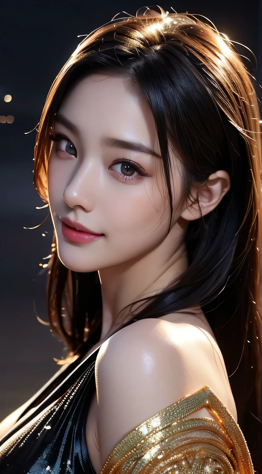 Kimono beauty, body portrait, 8k, thin and beautiful eyes, Dindal effect, masterpiece, top quality, high quality, high resolution, very detailed photo, (natural skin texture, fine skin, hyper realism, super sharpness) , high detail skin, (very fine, fine skin texture, intricate details, beautiful face, (real-like face), realistic eyes, beautifully detailed eyes, realistic skin, beautiful skin, surreal, Highly detailed, golden ratio, smiling eyes, ((night moonlight background)), body portrait, G cup, big breasts, huge breasts, big breasts, glamorous, shiny bodysuit