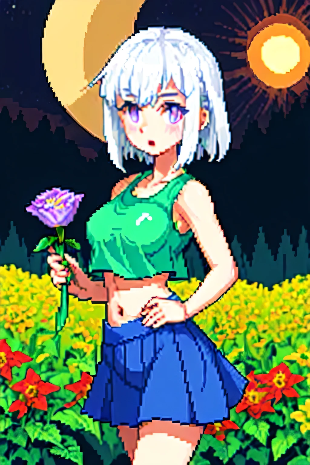 Practical, 1 Girl, white hair, Purple Eyes, Glowing eyes, crop top, skirt, Open your mouth, blush, night, Flowers, sun, sunlight