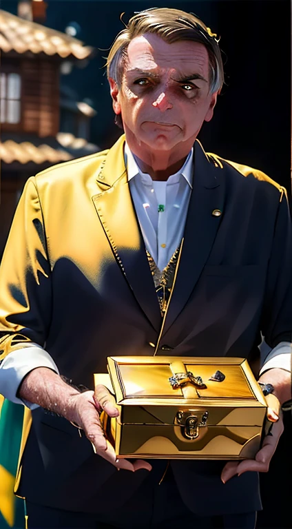 Bolsonaro, president of Brazil, holding in his hands a golden yellow treasure jewelry box with a macabre appearance