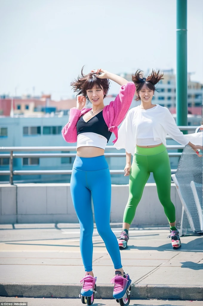 Filming location: Urban seaside promenade hairstyle: Short cut pose fluttering in the wind: Posing at high speed on rollerblades: Colorful leggings and a matching crop top