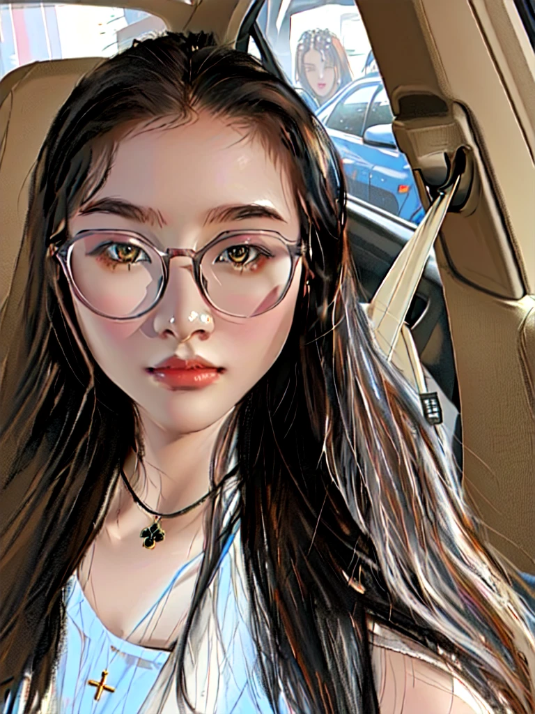 arafed woman wear glasses sitting in a car with a cross on her shoulder, 2 7 years old, 28 years old, 22 years old, 23 years old, 21 years old, wear glasses, 29 years old, Korean Girl, Nam Jae-yeon, 24 years old, 18 years old, Avatar Profile Picture
