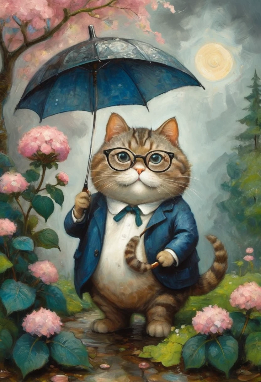 a chibi fat cat with glasses, holding a umbrella, staring at a snail on pink hydrangea (Hydrangea macrophylla), (raining:1.2), In the night woods, ((Marc Chagall style)), magical naive art, primitivism, protogen, ((Best quality, masterpiece)),
((((Highest detail), Impressionism:1,1, 8K